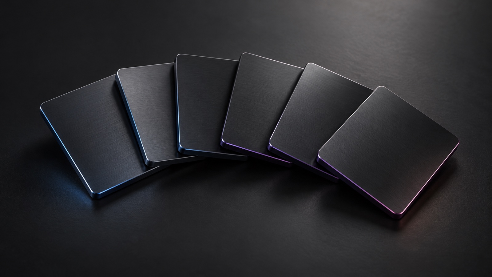 Six graphite metal tiles arranged in a fan, with subtle blue, violet, and pink reflections.