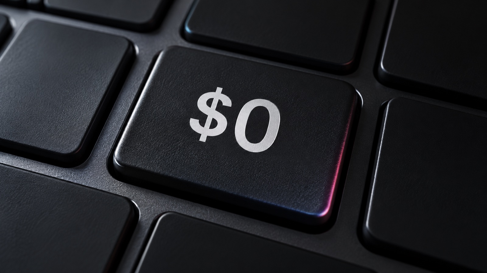 Editorial rendering of a graphite keyboard with a central $0 key, illustrating free AI chatbots.