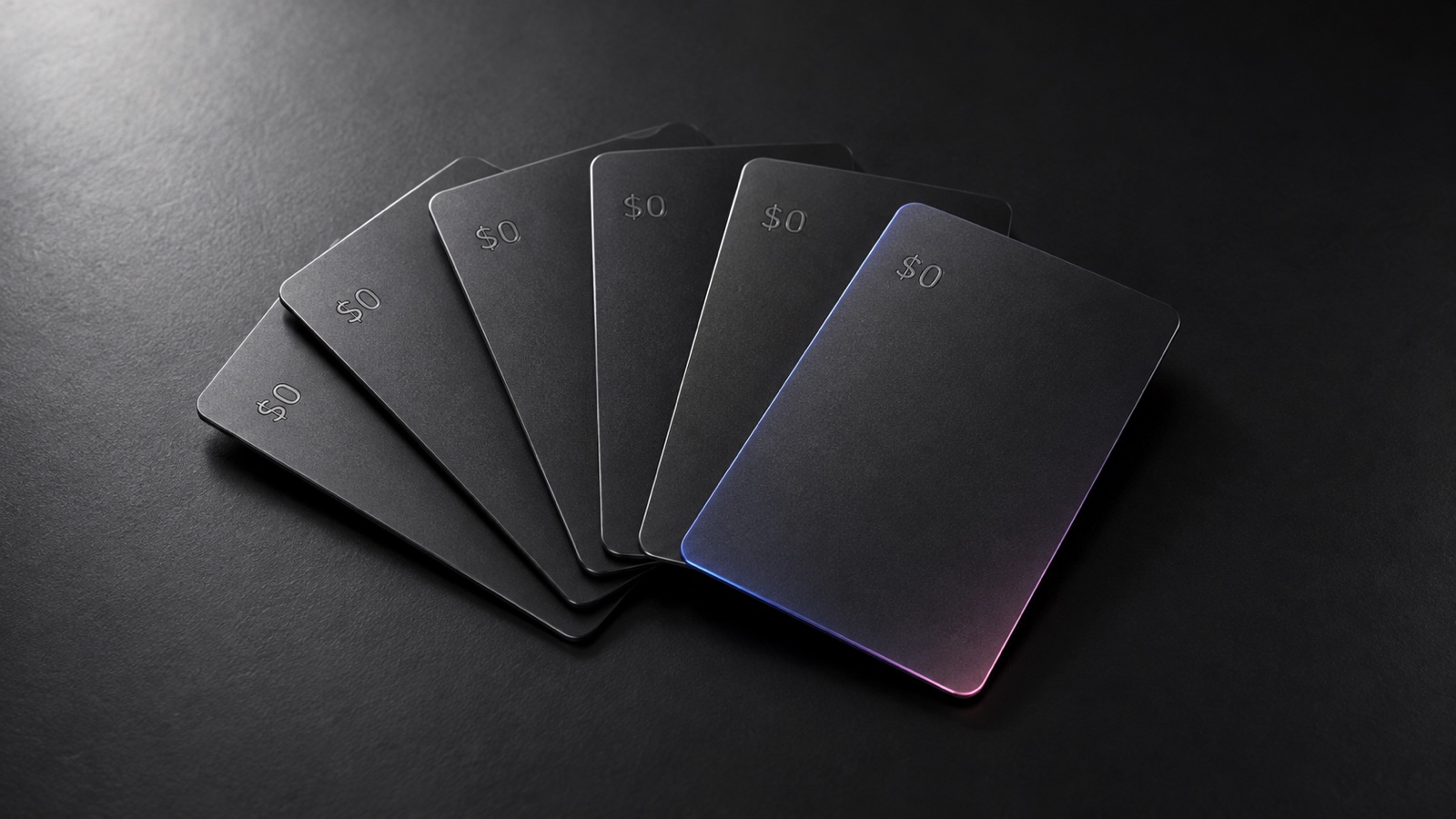 Six graphite membership passes engraved with $0, representing free AI plans.