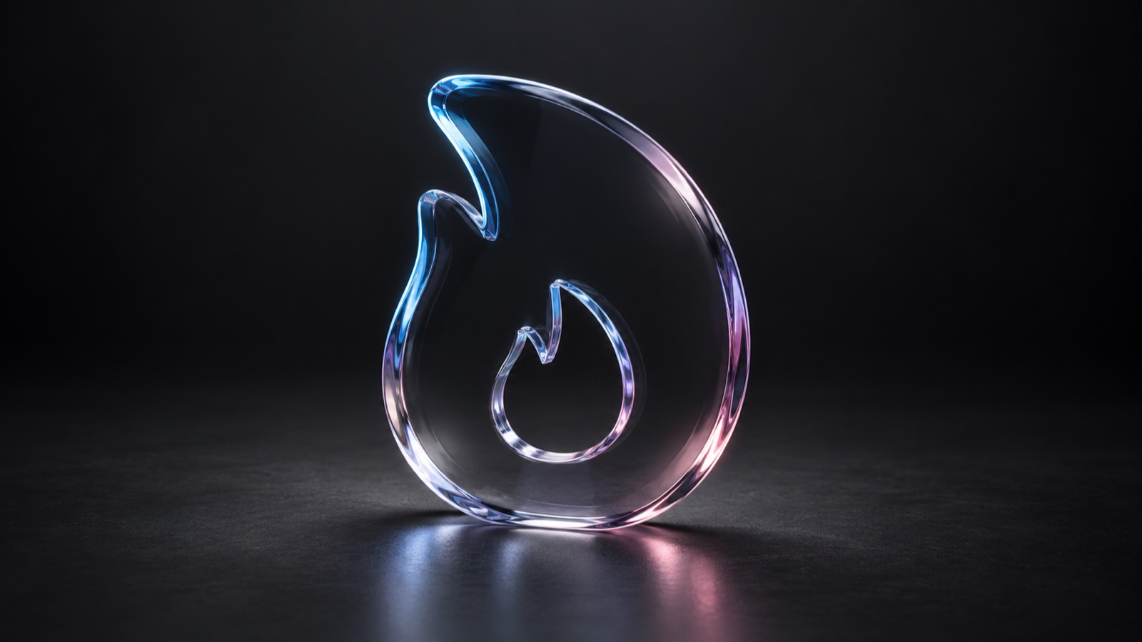 A sculpted glass launch-streak flame on graphite, lit in blue, lilac and pink.