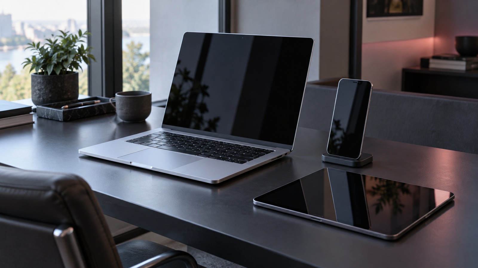 A silver laptop, phone on a charging stand, and tablet on a graphite desk.