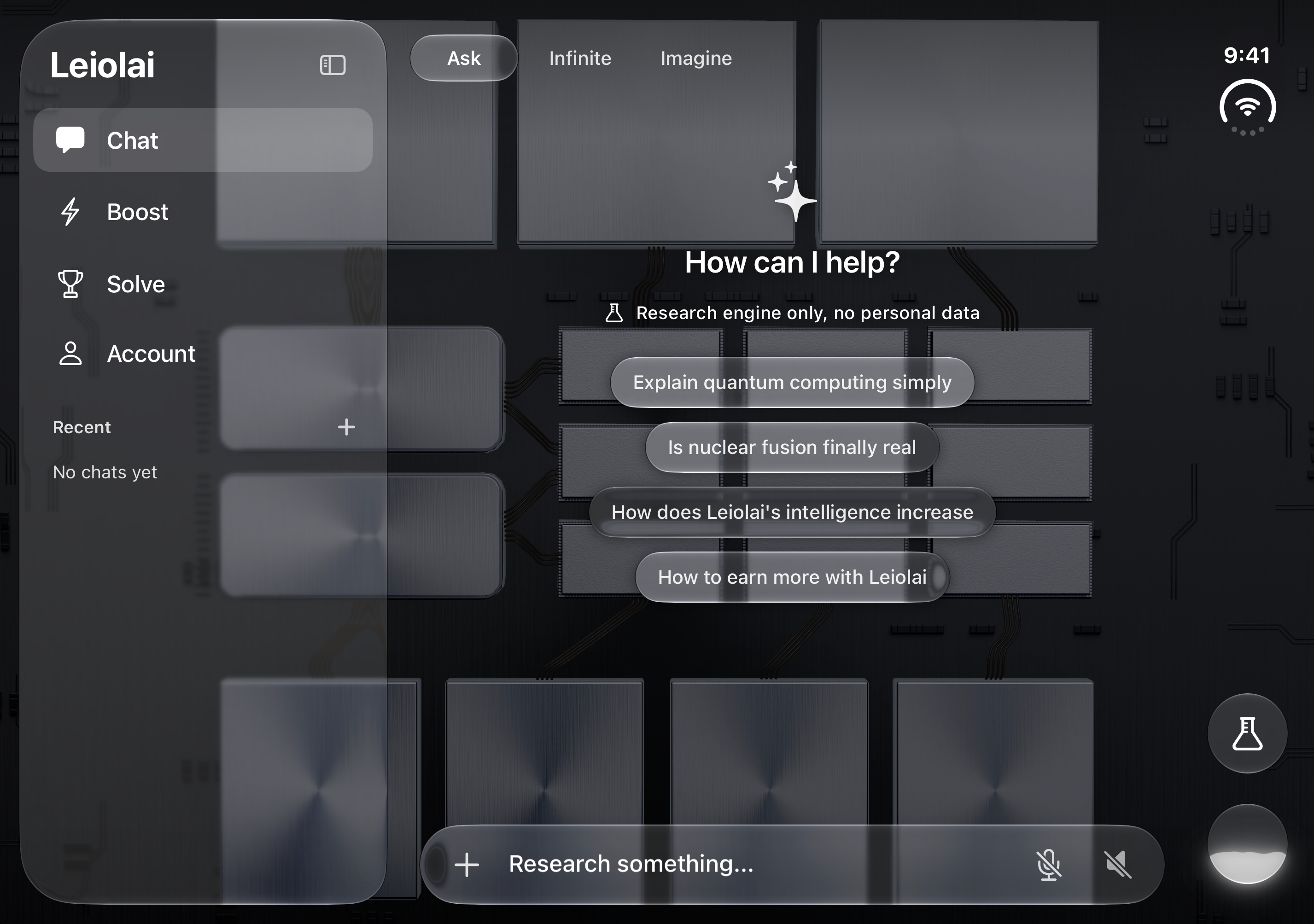 Leiolai’s Graphite appearance with the recent-chat sidebar and all four starter questions on Duo’s open inner display
