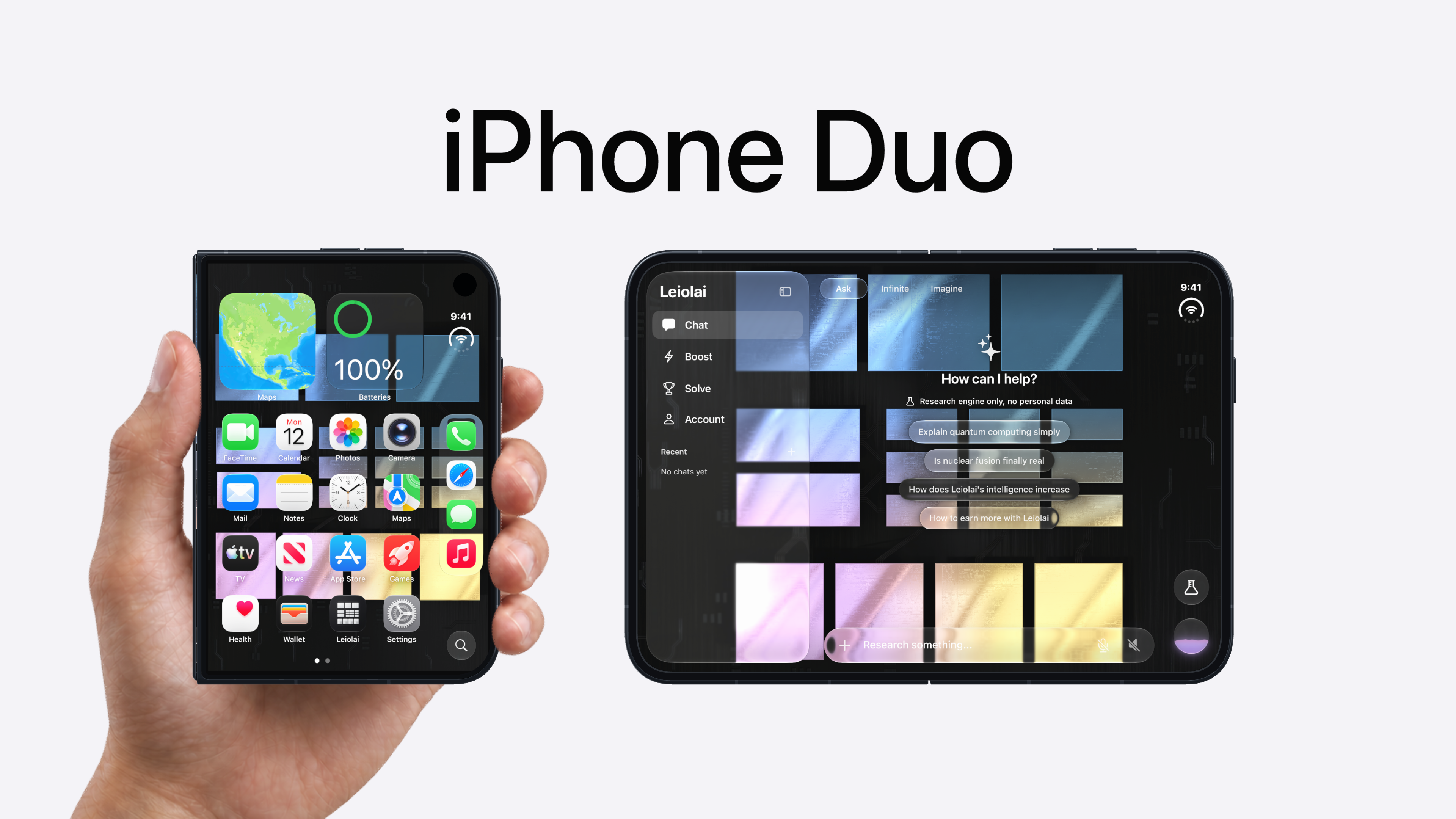 iPhone Duo with matching Silicon Home Screen wallpaper at left and Leiolai’s Silicon appearance on the open inner display at right