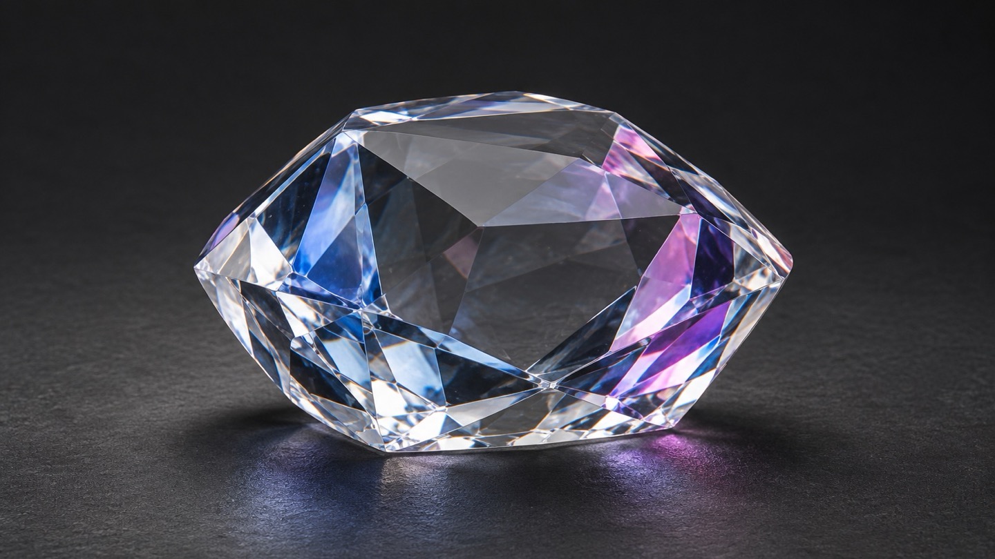 Faceted glass crystal with blue and pink reflections on graphite.