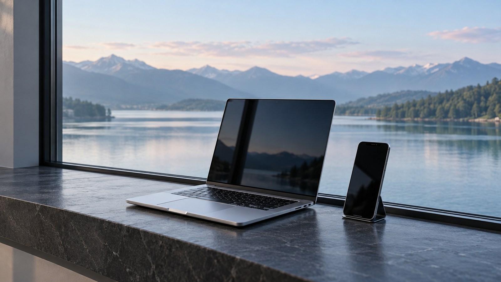 A silver laptop and graphite phone on a dry stone ledge beside a window overlooking a lake.